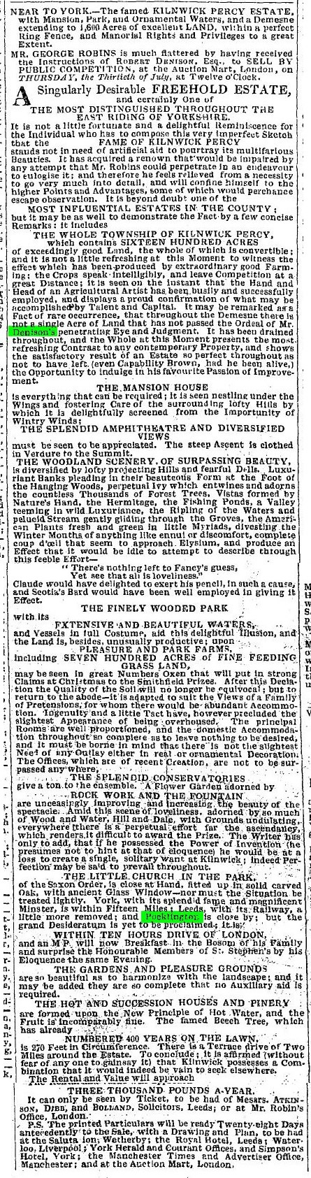 Kilnwick Sale in 1840